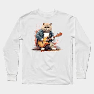 British Shorthair Cat Playing Guitar Long Sleeve T-Shirt